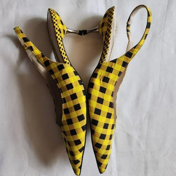 ZARA Women's Yellow/Black Gingham Slingback Pointed Toe Sandals Size 39 - Picture 6 of 9
